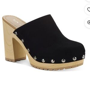 Sun & Stone Taanyaf Silver Studded Clogs Wood Sole Faux Suede Black NEW …